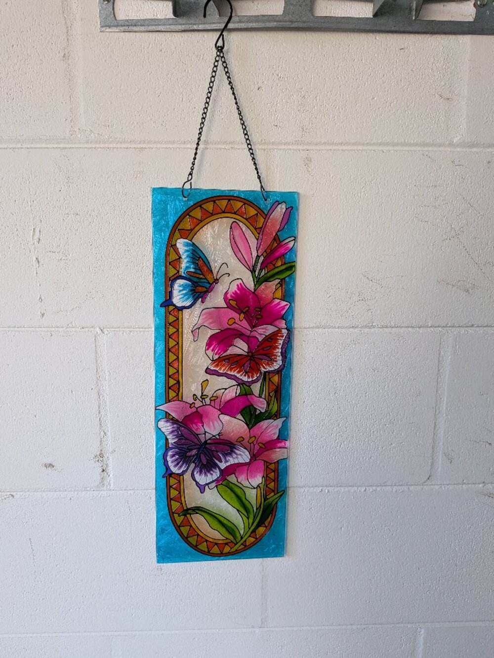 Floral Butterfly Stained Glass Style Hanging Panel Pink Lilies Decor